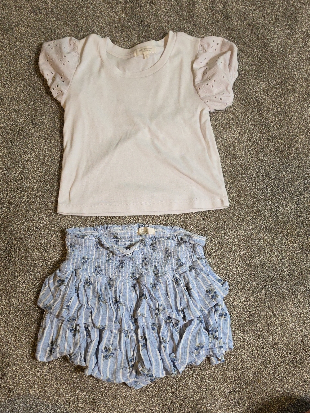 Girls White Puff-Sleeve Top and Blue Floral Ruffle Shorts Set 10/12